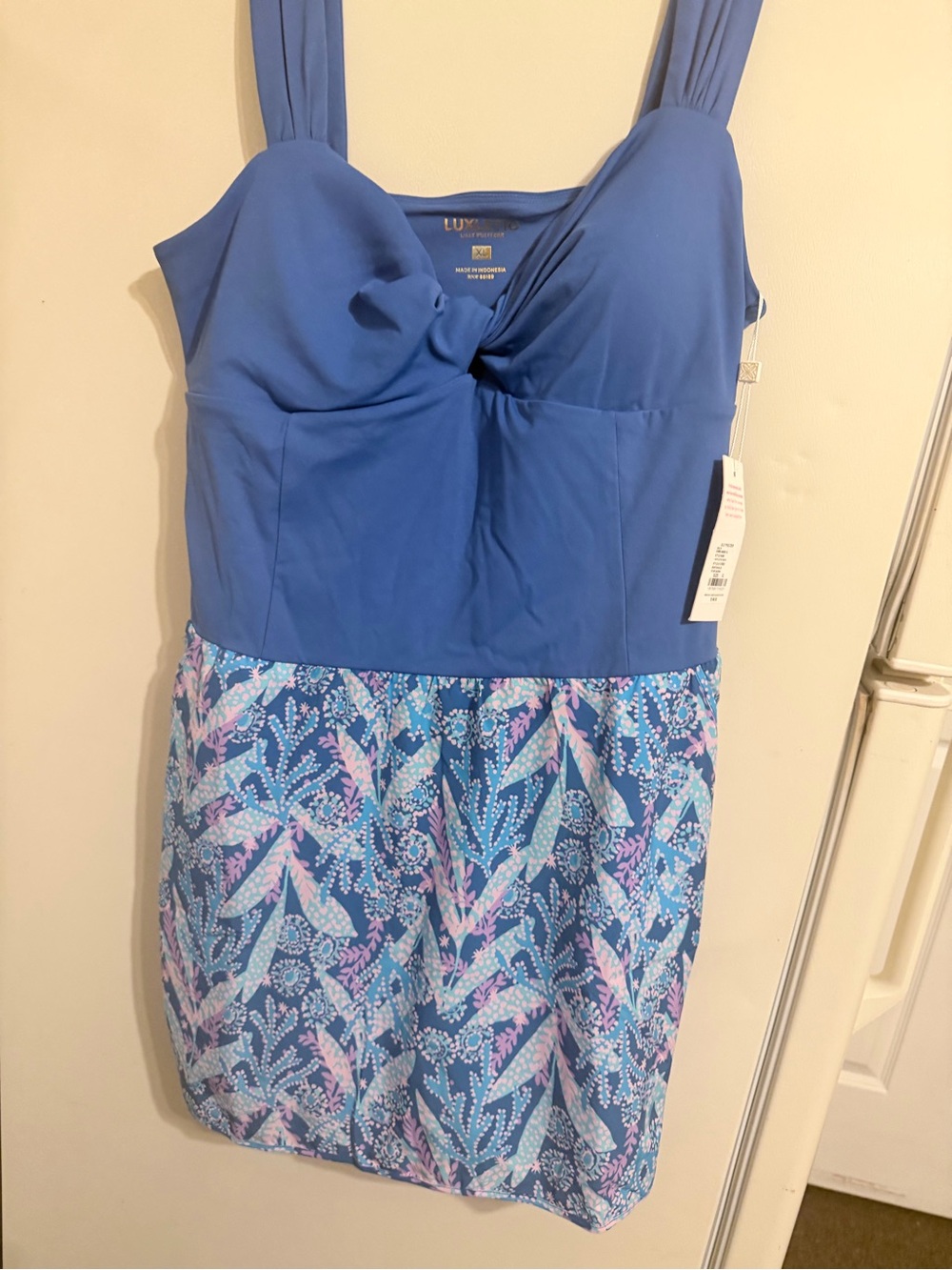 Lilly Pulitzer Blue Twist-Front Romper with Pink & Blue Patterned Skirt